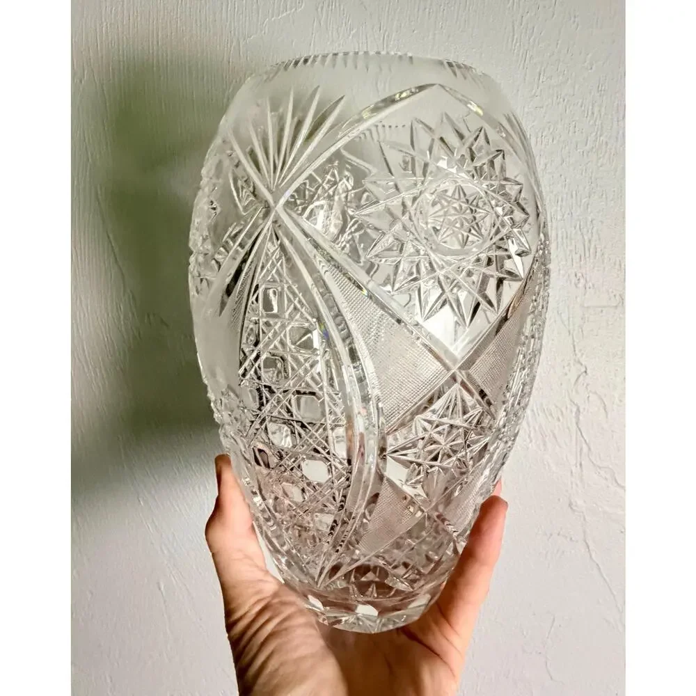 Vintage Hand Cut Crystal Vase, American Brilliant Hobstar Fan Pattern